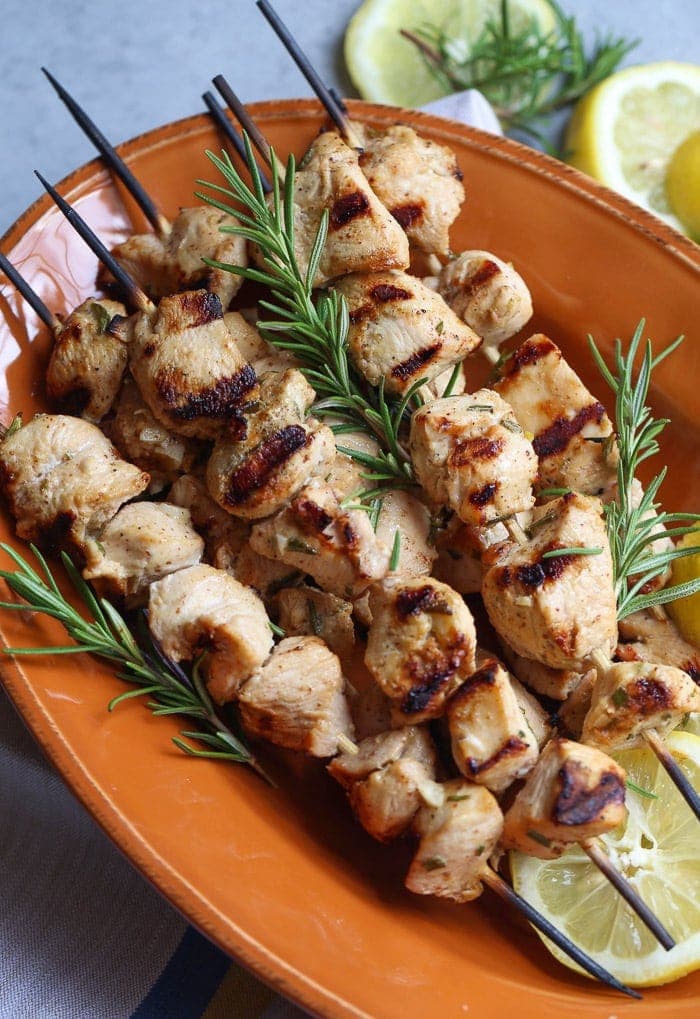Chicken Kabobs made with rosemary grilled on skewers