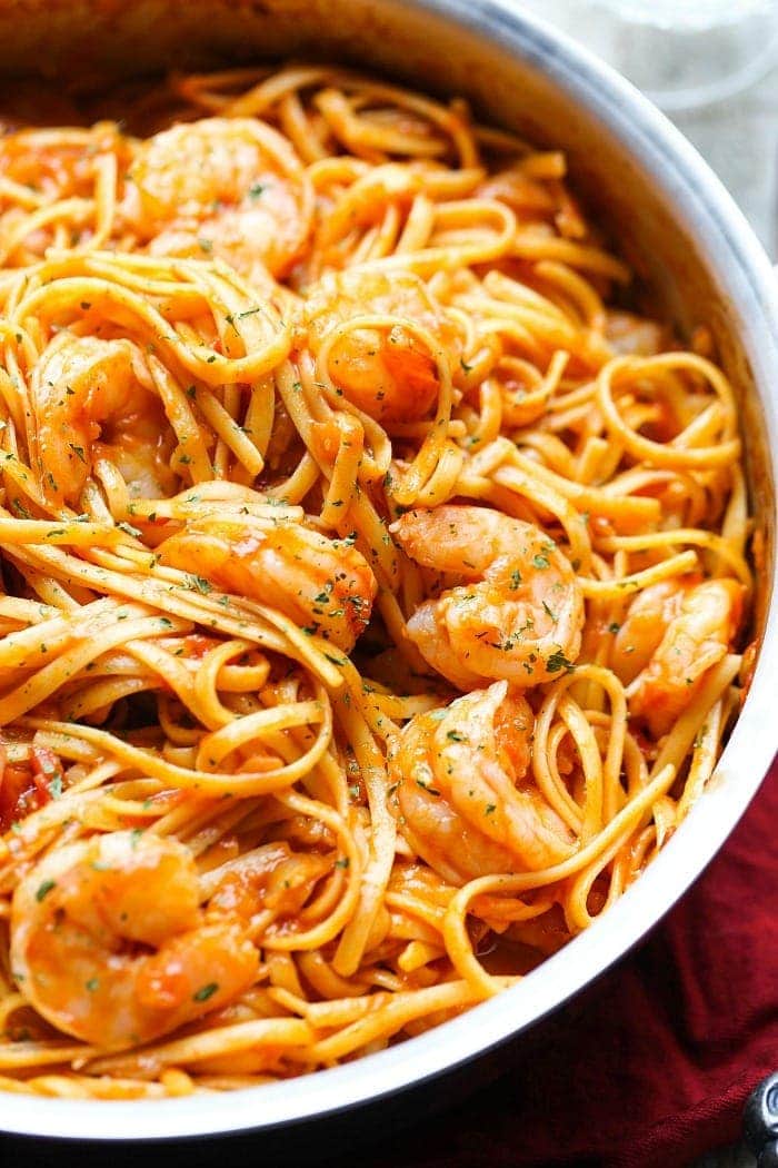 One Pot Shrimp Pasta. The pasta cooks right in the sauce leaving a creamy and super flavorful pasta dish, not to mention it