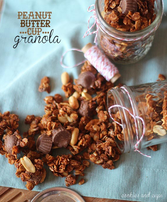 Overhead view of two jars of Peanut Butter Cup granola with one jar tipped over