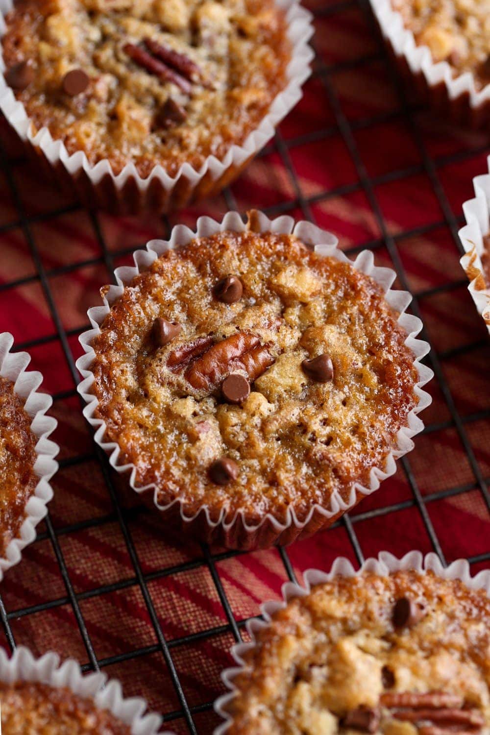 Pecan Pie Muffin from the top with mini chocolate chips