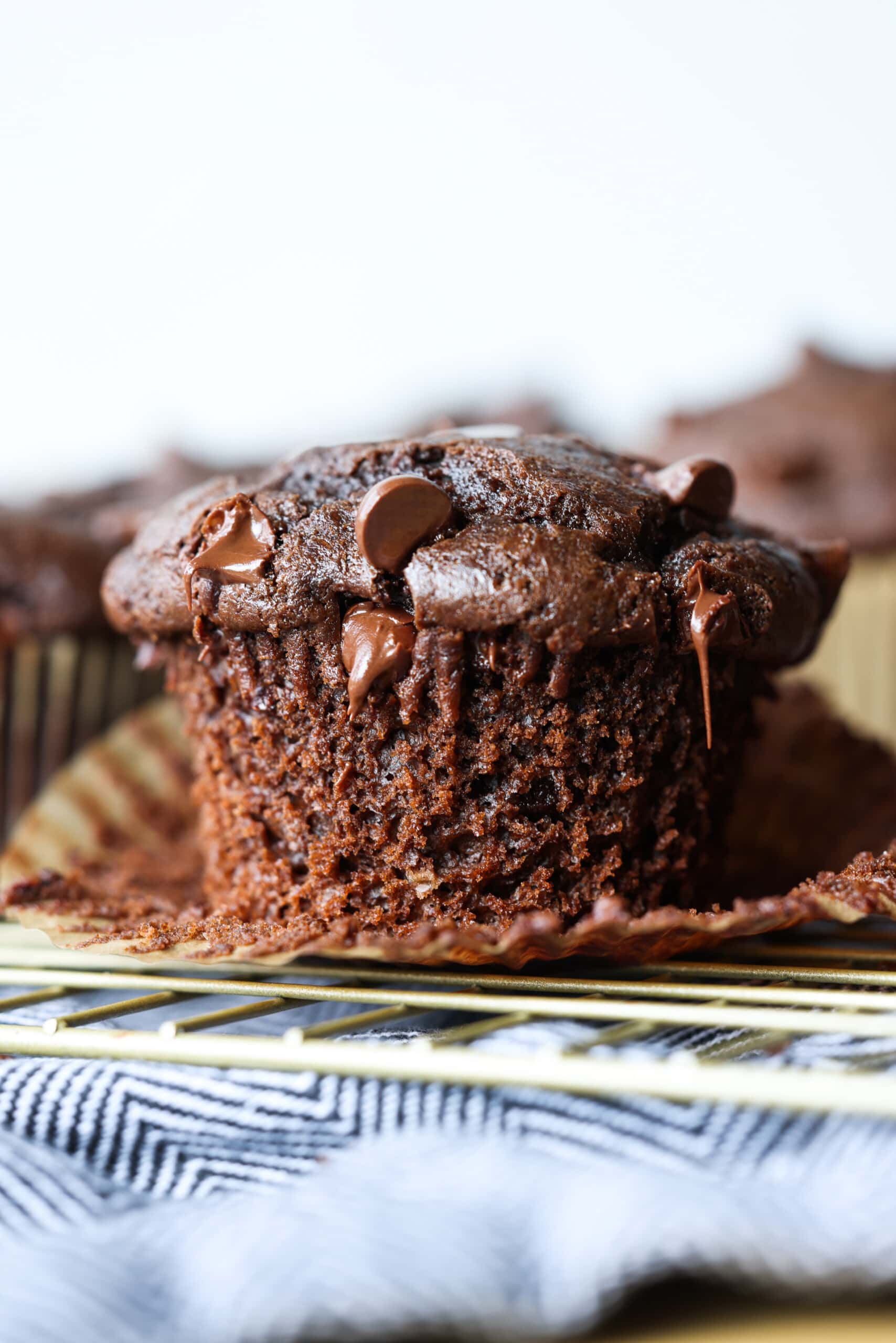 chocolate muffin unwrapped with melted chocolate chips