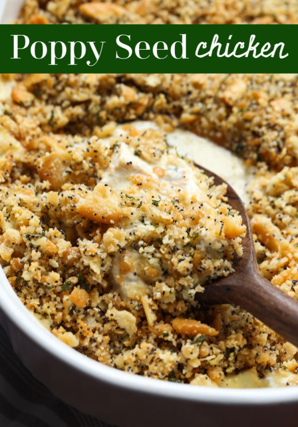 Poppy Seed Chicken is an easy chicken recipe topped with crunchy Ritz breadcrumbs.